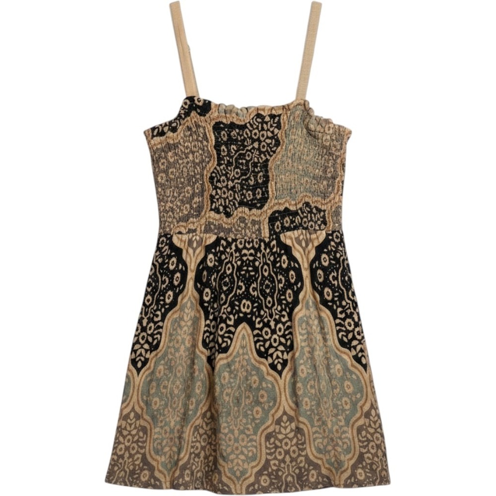 Soft Surroundings Womens Medium Boho Patchwork Paisley Smocked‎ Mini Dress Tan